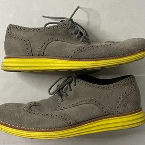 Cole Haan Men's US 9.5 Lunargrand Gray Yellow Suede Oxford Wingtip Dress Shoes